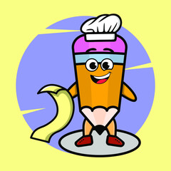 Cartoon pencil chef mascot character with menu in hand cute style design for t-shirt, sticker, logo elements