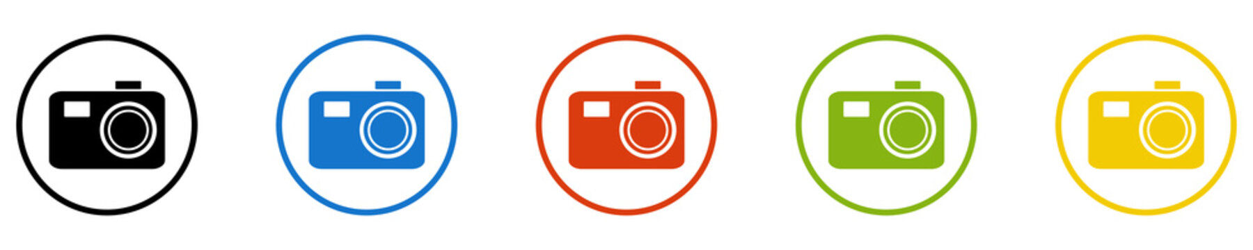 Bunter Banner mit 5 farbigen Icons: Fotos, Kamera, Fotoapparat, Fotograf oder Bilder
