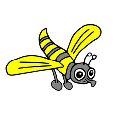 Hand-drawn yellow and gray vector illustration of one fly is flying on a white background