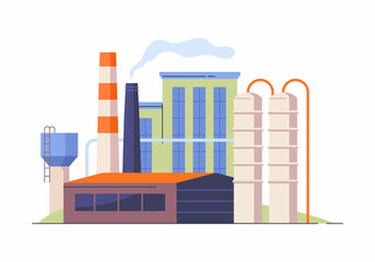 Factory in town. Urban production, industrial age, heavy industry. Workers, energy, electricity recycling creation. Buildings, city. Cartoon flat vector illustration isolated on white background