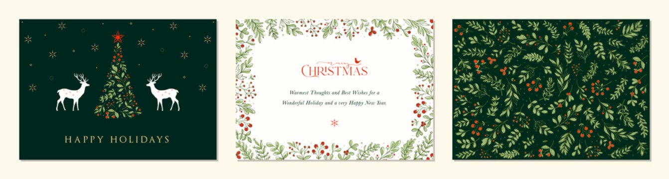 Luxury Corporate Merry and Bright Horizontal Holiday cards. Christmas, Holiday templates with Christmas tree, reindeers, bird, floral background and frames with greetings and copy space.
