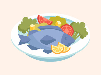Obraz premium Fish with lemon and herbs. Delicious food, restaurant, cafe. Seafood, protein, vegetarian. Useful products, taking care of health youthful, vitamins, healthy fats. Cartoon flat vector illustration