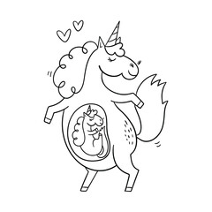 Mother unicorn simole illustration. Newborn unicorn coloring page.