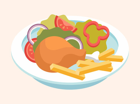 Chicken, potato and vegetables. Healthy food, delicious dish from restaurant or cafe. Hearty breakfast. Meat, carbohydrates and proteins. Fast food, greens, pieces. Cartoon flat vector illustration