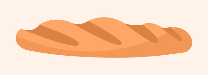 Long baguette sticker. French bread, bakery, flour products. Graphic elements for supermarket website. Icon for grocery store department. Icon, badge, button. Cartoon flat vector illustration