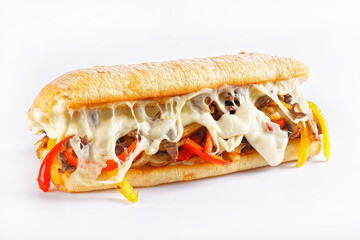 philly steak sandwich with melted cheese, top view - obrazy, fototapety, plakaty