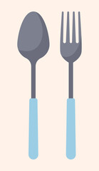 Fork and spoon. Dinner items kitchen utensils, table decoration. Graphic elements for kitchenware market. Badges, icons, stickers, buttons. Metal, aluminum. Cartoon flat vector illustration