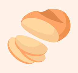 Sliced loaf sticker. Flour products, appetizer for regular meals. Wheat products, hosts jelling sandwich. Graphic elements for flour shop, bakery icon or button. Cartoon flat vector illustration