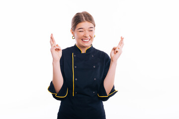 Young beautiful chef woman wearing cooker uniform standing over white background gesturing finger...