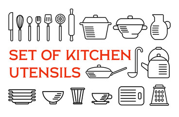 Icon set of outline kitchen utensil, cutlery and flatware.