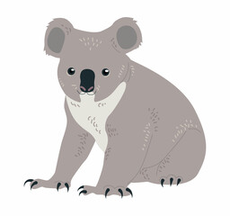 Koala sitting and smiling. Animal, zoo, image for printing on childrens clothing. Sticker, poster, icon. Nature, wildlife, forest. Cartoon flat vector illustration isolated on white background