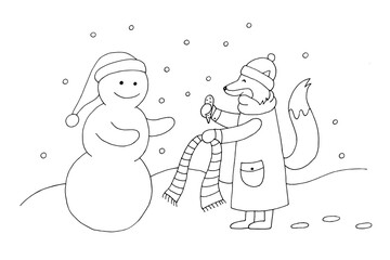 New Year card. The fox gives the snowman a scarf and a carrot nose. Gift for Christmas. Winter's Tale. Vector. Doodle. Drawn by hand. Sketch. Silhouette. Black and white. Contour. Coloring.