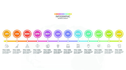 Timeline infographic with month or 12 steps, process or options, process chart, Used for process diagram, presentations, workflow layout, flow chart, infograph. Vector eps10 illustration.