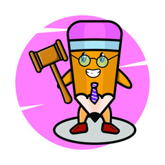 A cartoon wise judge pencil mascot wearing glasses and holding a hammer with cute style design for t-shirt, sticker, logo element