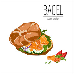 Bagel salmon sandwich with cream cheese, cucumbers and arugula drawn in sketch style and isolated on white background.Tasty and healthy breakfast, food.Fresh pastries.Vector illustration