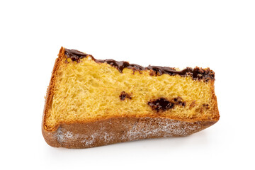 Pandoro slice with cream chocolate, traditional Italian Christmas cake filling with chocolate. Isolated on white, clipping path, copy space