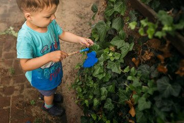 Small child painting leaves of ivy with blue paint
