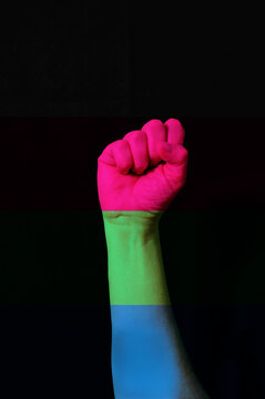 Fist hand with polisexual pride flag patterned isolate on black.