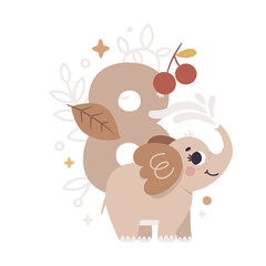 Milestone vector card with number eight in Boho style, elephant, plants, branch, berries, leaves, stars, cute animals for boy or girl. Baby first 12 months. Capture special moments newborn baby