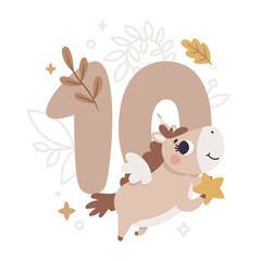 Milestone vector card with number Ten in Boho style, Unicorn, plants, branch, berries, leaves, stars, cute animals for boy or girl. Baby first 12 months. Capture special moments newborn baby