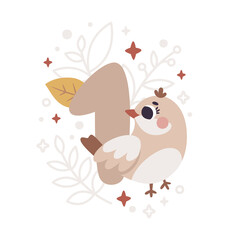 Milestone vector card with number One in Boho style with bird, plants, branch, berries, leaves, stars, cute animals for boy or girl. Baby first 12 months. Capture all the special moments newborn baby