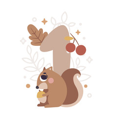 Milestone card with number one in Boho style with squirrel plants, branch, berries, leaves, stars, cute animals for boy or girl. Baby first 12 months. Capture the special moments newborn baby