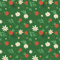 Little flowers and fruit seamless pattern. Simple daisy, orange and leaves floral wallpaper.