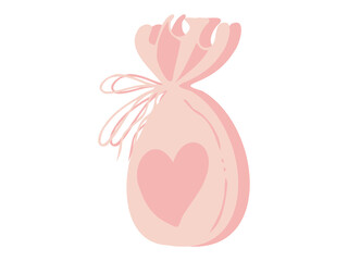 gift bag with heart and ribbons vector isolated element. Scrying bag with runes, jewelry packaging. Drawing for congratulations, cards and flyers