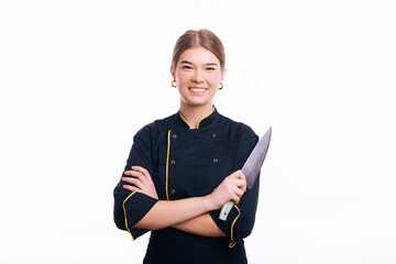 Portrait of a young woman chef cook holding knife isolated on a white background