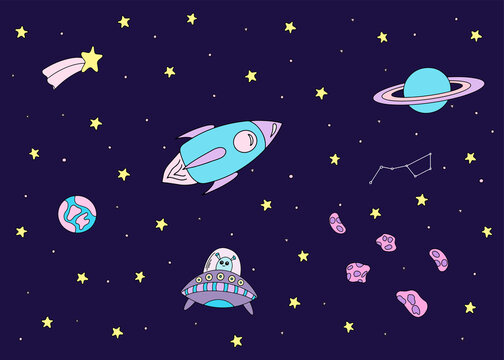 Vector illustration. Flying rocket in space on a blue background. Hand drawn space elements. For kids. Cosmonautics Day