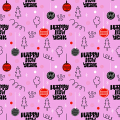 HAPPY NEW YEAR. VECTOR HOLIDAY GREETING NEW YEAR GREETING SEAMLESS PATTERN WITH HAND LETTERING QUOTE PHRASE