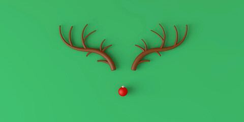 Abstract minimal Christmas reindeer face made with antlers and a bauble decoration nose. 3D Rendering © ink drop
