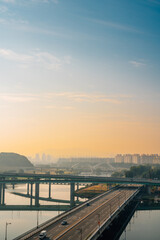 Panoramic view of Daejeon city and Gapcheon river at sunrise in Korea