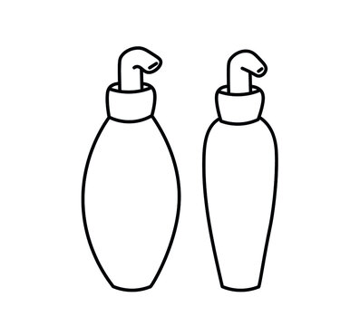 Vector image. A set of bottles with a dispenser. A simple drawing of bottles for cosmetics and detergents. Black outline on a white background. Rounded shapes.