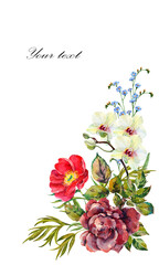 Watercolor bouquet of flowers. Floral corner on white background.
