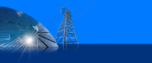 Round solar panel and high voltage tower on a blue background with copy space and reflections.