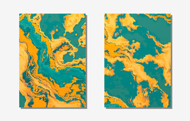 Set of cover templates. Fluid abstract backgrounds. Turquoise marble texture with yellow veins.
