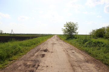 Dirt road through agricultural fields against the background of electrical lines