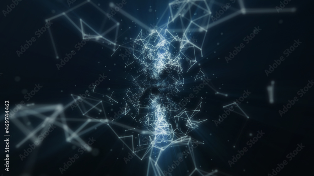 Poster abstract connected dots and lines on blue background with bokeh. business, science, communication, n