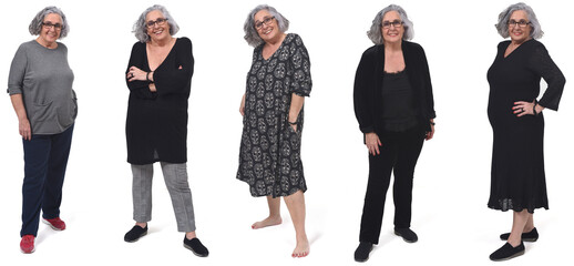 same woman with various outfits on whit background