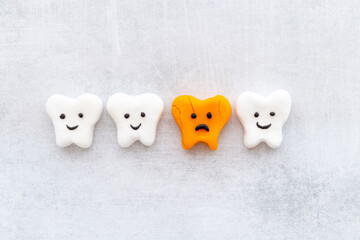 Oral health and care. Teeth with caries or plaque models