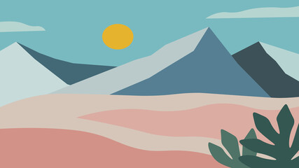 Desert landscape with mountains and sun and clouds