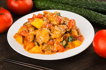 Chinese cuisine- sour and sweet spare rib with pineapple and Cucumber