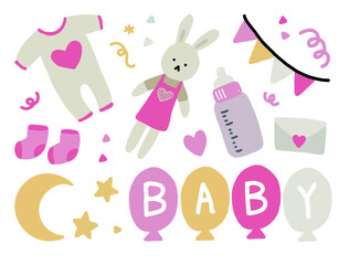 Baby shower set with hand drawn elements - Baby Vector illustration
