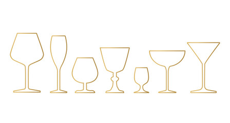 golden drinks, alcohol glasses set- vector illustration