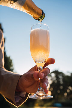 Crop person having champagne poured into glass near pool