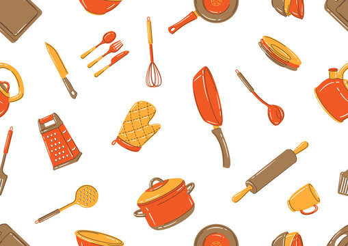 Seamless pattern with kitchen utensils. Cooking tools for home and restaurant.