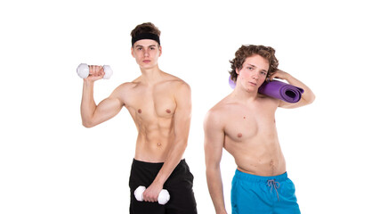 Two handsome guys go in for sports. White background.