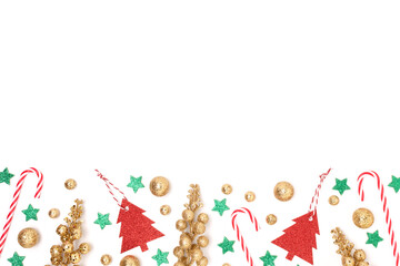 Border frame made of Christmas decorations on a white background.