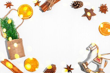 layout of the new year, Christmas, lights. Christmas toys, cinnamon, star anise